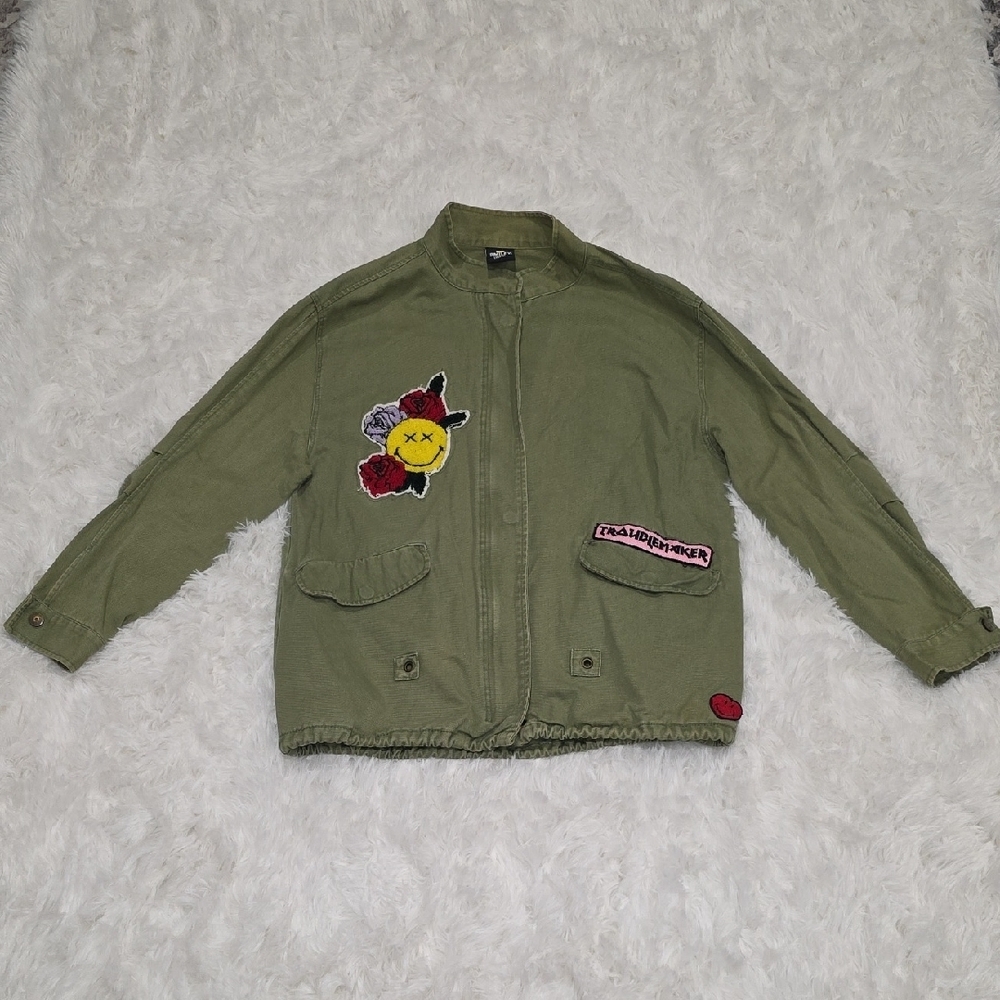 Zara Girls Smiley Face Green Jacket with Patches. Size 13-14